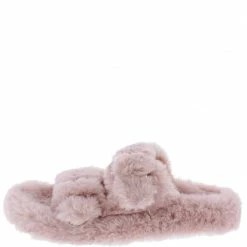 Liliana Shoes Andrea269 Nude Faux Fur Dual Buckle Strap Slide Sandal