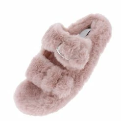 Liliana Shoes Andrea269 Nude Faux Fur Dual Buckle Strap Slide Sandal