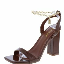 Bamboo What's New Dreaming05 Cognac Patent Square Open Toe Ankle Chain Heel