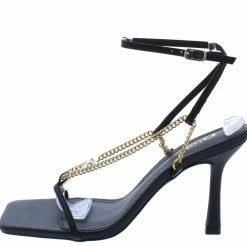 OIL J Dreamy Black Pu Open Toe Y Chain Ankle Strap Heel
