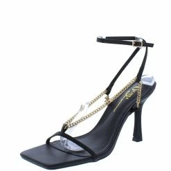 OIL J Dreamy Black Pu Open Toe Y Chain Ankle Strap Heel