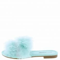 CAPE ROBBIN Easter Mint Open Toe Feather Rhinestone Slide Flat Sandal