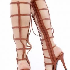 In Touch Jody Tan Caged Open Toe Lace Up Knee High Boot