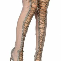 In Touch Valentina183 Grey Sheer Peep Toe Thigh High Lace Up Boot