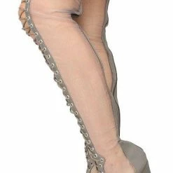 In Touch Valentina183 Grey Sheer Peep Toe Thigh High Lace Up Boot