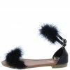 CAPE ROBBIN Emily32 Black Feather Open Toe Ankle Strap Flat Sandal Shoes
