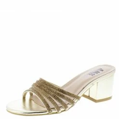 AMERICAN METTLE Shoes Emily3 Gold Sparkle Strappy Open Toe Slide Block Heel