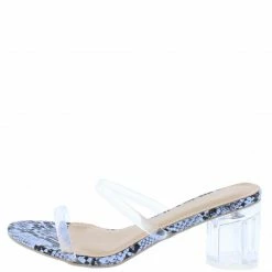 In Touch Shoes Andrea262 Blue Snake Dual Strap Open Toe Lucite Block Heel