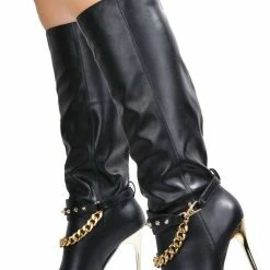 CAPE ROBBIN Esa Black Ankle Stud Chain Metallic Stiletto Boot What's New