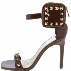 Bamboo Evermore35 Cognac Patent Studded Open Toe Ankle Pouch Heel