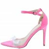 JP What's New Exception10 Neon Pink Lucite Open Toe Ankle Strap Heel
