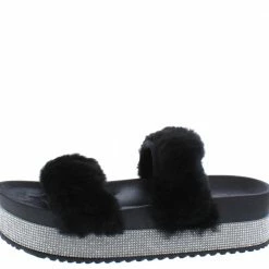 OIL J What's New Flake Black Faux Fur Rhinestone Platform Slide Sandal