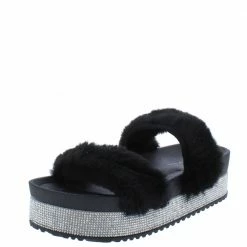 OIL J What's New Flake Black Faux Fur Rhinestone Platform Slide Sandal
