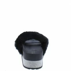 OIL J What's New Flake Black Faux Fur Rhinestone Platform Slide Sandal
