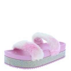 OIL J Flake Cotton Candy Faux Fur Rhinestone Platform Slide Sandal