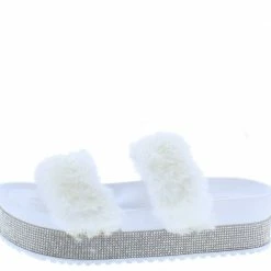 OIL J What's New Flake White Faux Fur Rhinestone Platform Slide Sandal