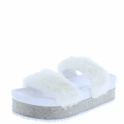 OIL J What's New Flake White Faux Fur Rhinestone Platform Slide Sandal