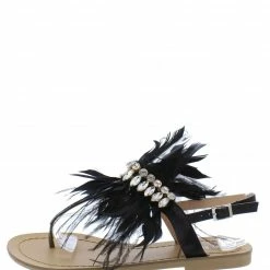 CAPE ROBBIN Fluffy Fluffy Black Feather Rhinestone Slingback Thong Sandal