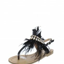 CAPE ROBBIN Fluffy Fluffy Black Feather Rhinestone Slingback Thong Sandal