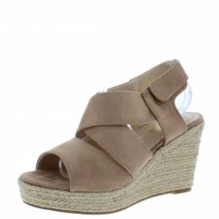 Mata FullMoon5 Taupe Cross Strap Open Toe Slingback Wedge Shoes