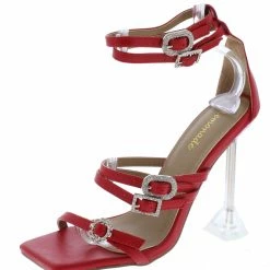 Lemonade Ginny Red Multi Buckle Strap Open Toe Square Lucite Heel