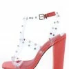Shoe Republica Guinea Orange Lucite Studded Open Toe Caged Block Heel