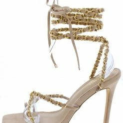 OIL J Hanson Camel Suede Chain Strappy Open Toe Ankle Wrap Heel What's New