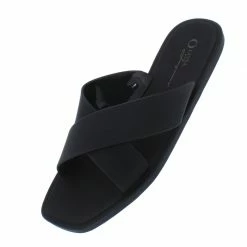 OIL J Ines Black Pvc Cross Strap Open Toe Flat Slide Sandal