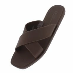 OIL J Ines Chocolate Pvc Cross Strap Open Toe Flat Slide Sandal