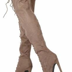 QUPID Interest87 Taupe Suede Lace Up Peep Toe Stiletto Boot