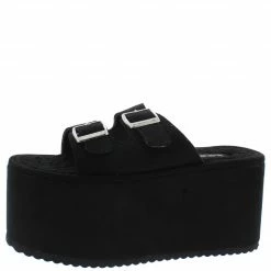 Shoe Republica Invika Black Dual Buckle Strap Tall Platform Slide Wedge