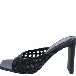 OIL J Ivanka Black Pu Woven Open Toe Mule Block Heel