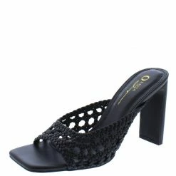 OIL J Ivanka Black Pu Woven Open Toe Mule Block Heel