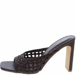 OIL J Ivanka Brown Pu Woven Open Toe Mule Block Heel
