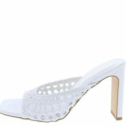 OIL J Ivanka White Pu Woven Open Toe Mule Block Heel