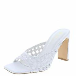 OIL J Ivanka White Pu Woven Open Toe Mule Block Heel