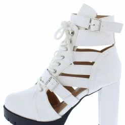 In Touch Lillian031 White Cut Out Lace Block Heel Boot