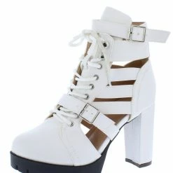 In Touch Lillian031 White Cut Out Lace Block Heel Boot