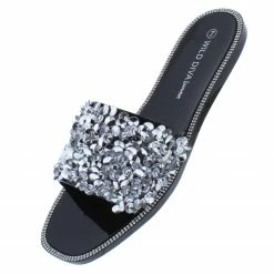 Legend Jacelyn42 Black Embellished Open Toe Flat Slide Sandal