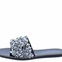 Legend Jacelyn42 Black Embellished Open Toe Flat Slide Sandal