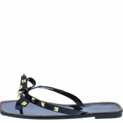 Legend Shoes Jinx02a Black Rock Stud Bow Open Toe Thong Slide Sandal