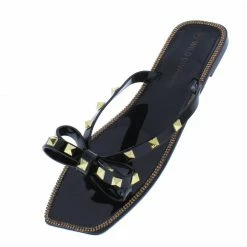Legend Shoes Jinx02a Black Rock Stud Bow Open Toe Thong Slide Sandal