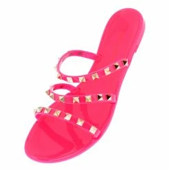 Legend Joanie211 Pink Studded Tri Strap Open Toe Slide Sandal