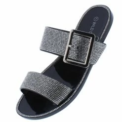 Legend What's New Joanna11 Black Silver Sparkle Dual Buckle Strap Slide Sandal