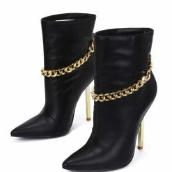 CAPE ROBBIN Joelle Black Pointed Toe Ankle Chain Metal Heel Boot