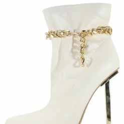 CAPE ROBBIN Boots Joelle White Pointed Toe Ankle Chain Metal Heel Boot