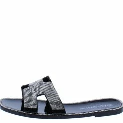 Legend Jovie03 Black Embellished Cut Out Flat Slide Sandal