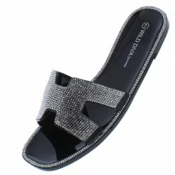 Legend Jovie03 Black Embellished Cut Out Flat Slide Sandal