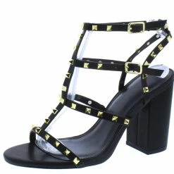 Liliana Shoes Jayleene057 Black Stud Caged Open Toe Chunky Heel