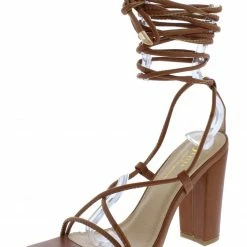OIL J Kayla Tan Pu Open Toe Strappy Ankle Wrap Block Heel